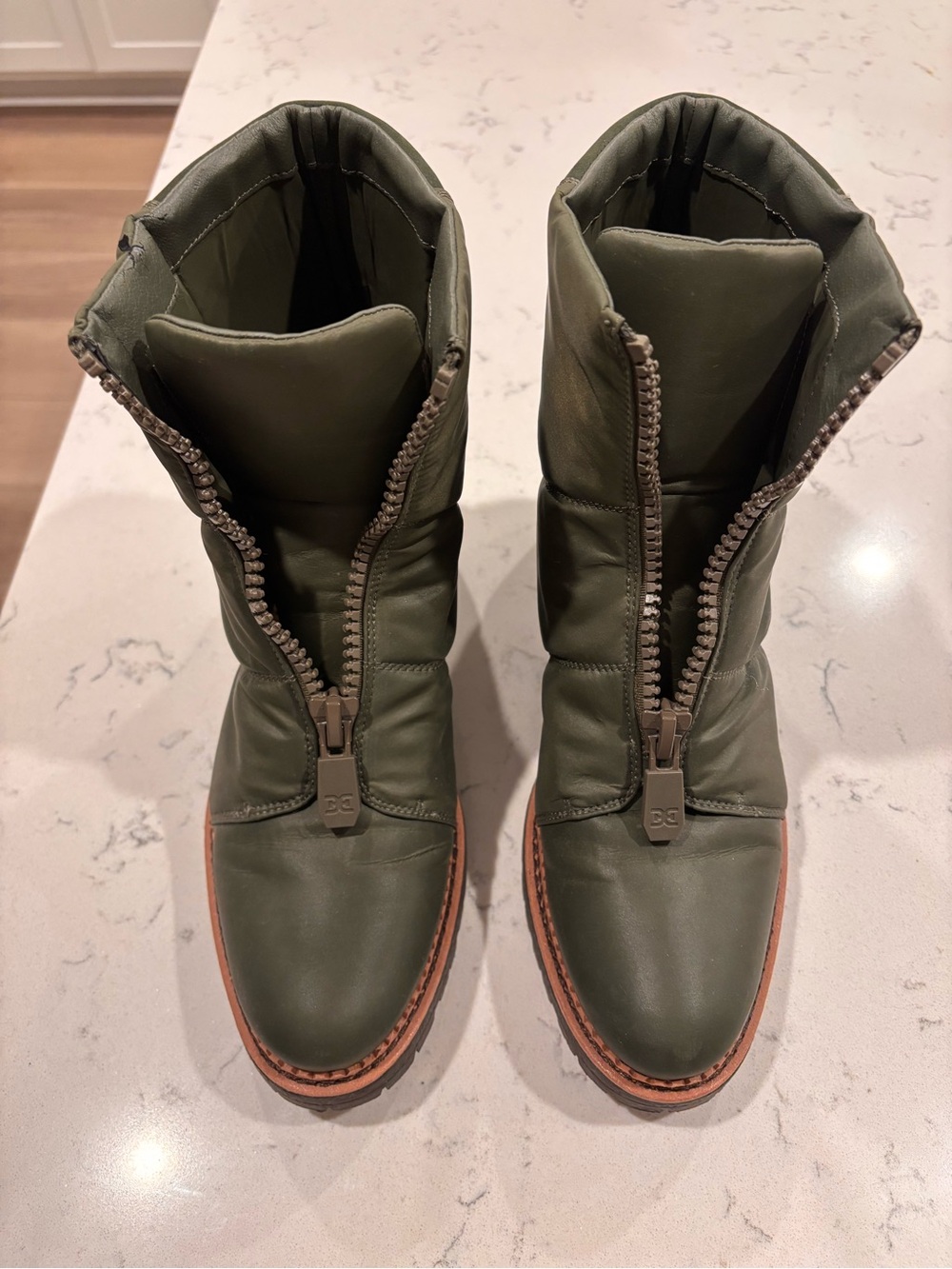 Sam Edelman Olive Green Front-Zip Ankle Booties with Tan Welt